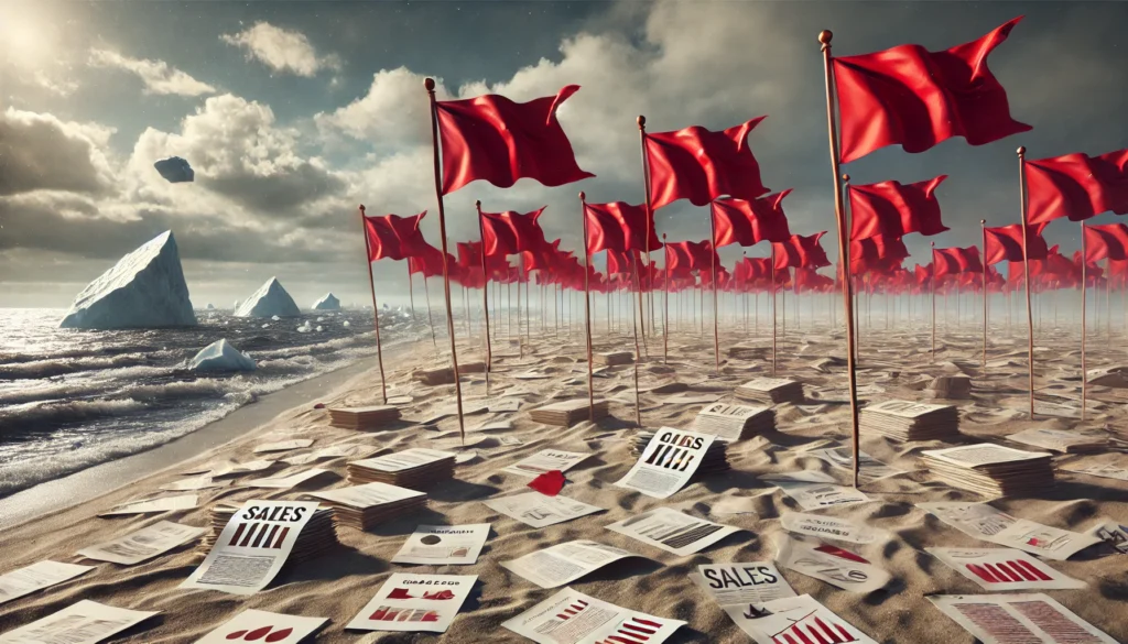 Sales documents and red flags on a beach in front of a dangerous looking sea with icebergs.